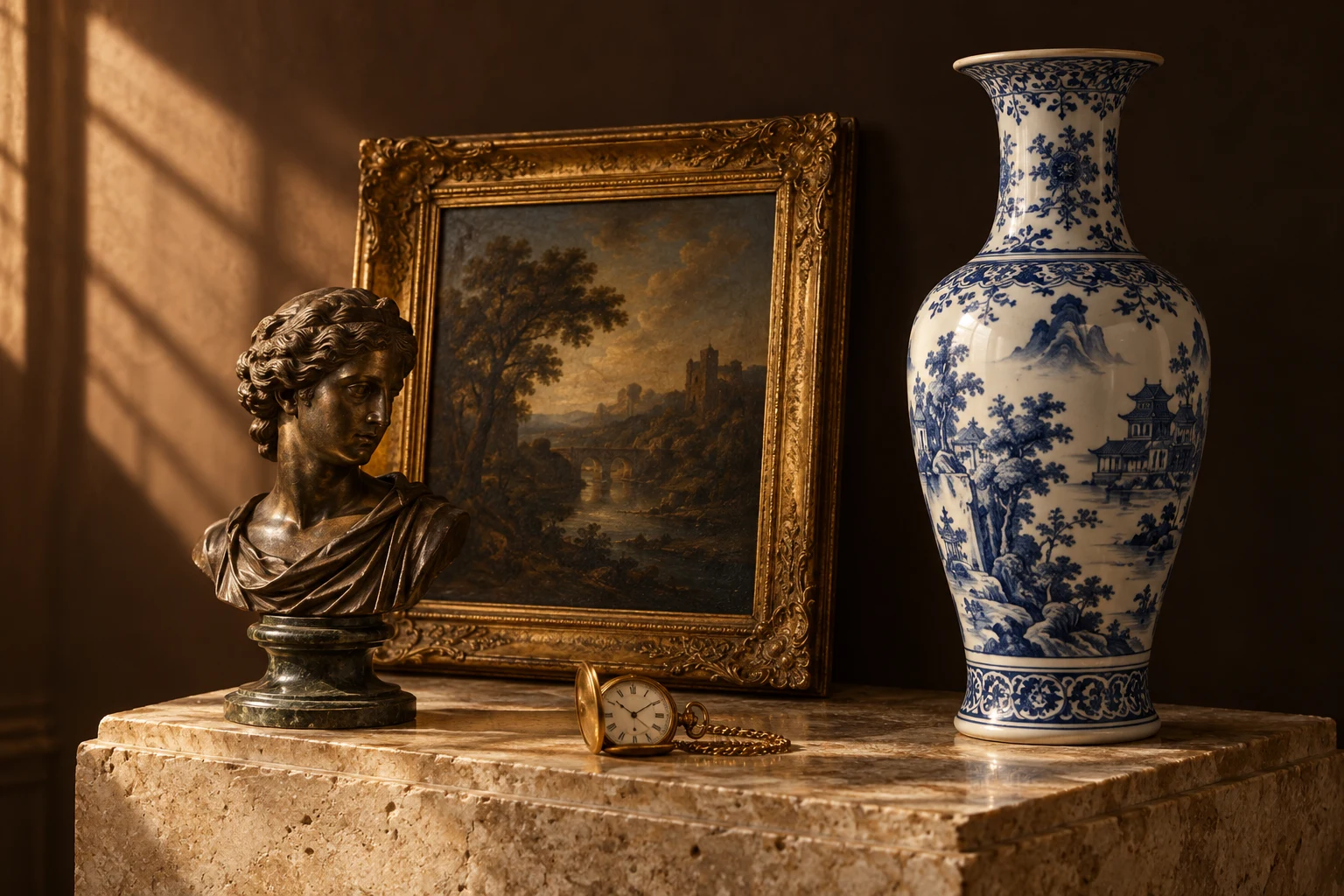 Bronzebüste, goldgerahmtes Landschaftsgemälde, antike Taschenuhr und blau-weiße Porzellanvase auf einem Marmorsockel im warmen Licht